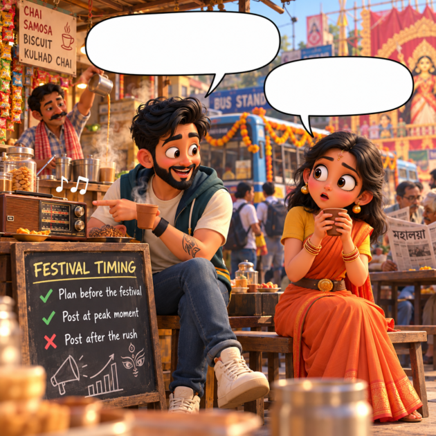 Sougan explains festival marketing timing to Mitu at a chai stall in an SEO comic story