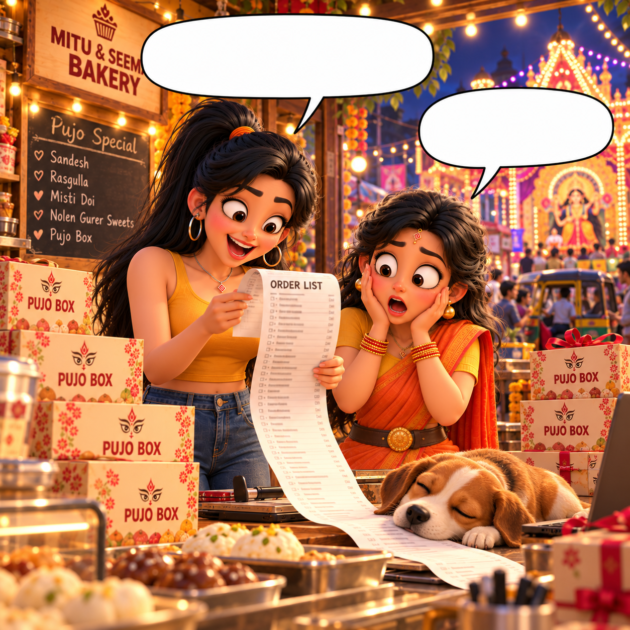 Seema reads the 50-box order address in an SEO comic story as Mitu gasps