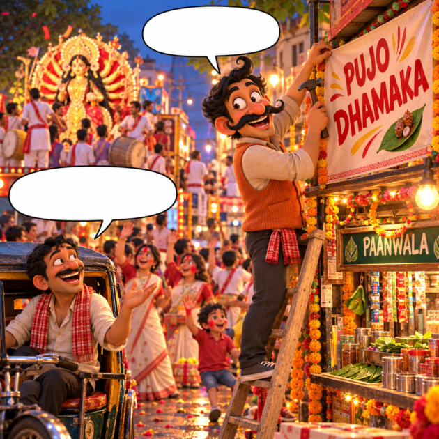 Paanwala hangs his Pujo Dhamaka banner as the Dashami procession passes