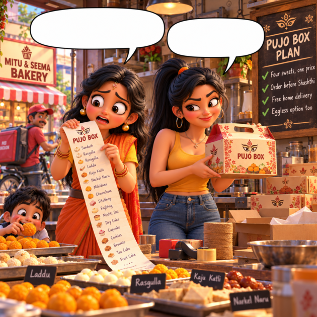 Mitu and Seema plan a Pujo Box offer on a wooden sign in the bakery kitchen
