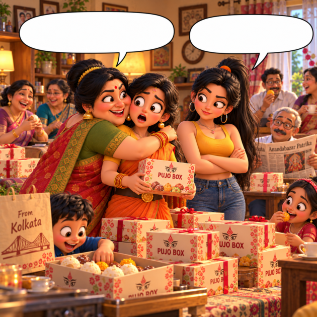 Noisy Aunty hugs Mitu beside 50 Pujo Boxes as Seema stays deadpan