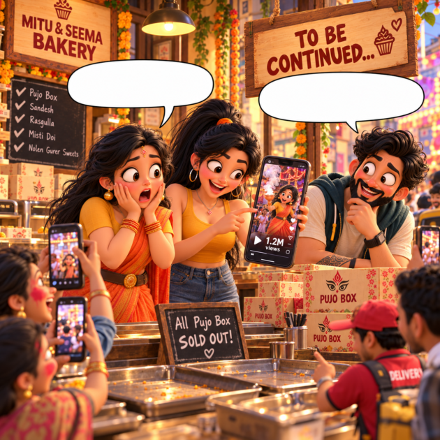Seema shows Mitu her viral dhunuchi dance reel as Sougan laughs in an SEO comic story