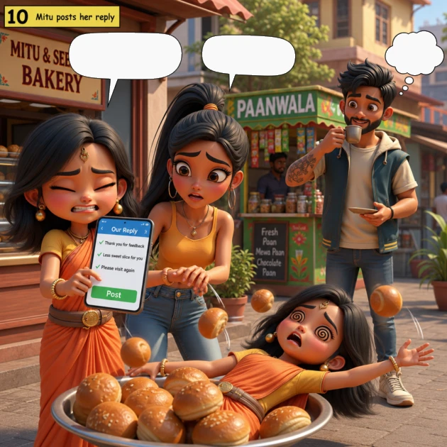 Mitu presses Post with eyes closed and then faints onto a bread tray as Seema and Sougan watch