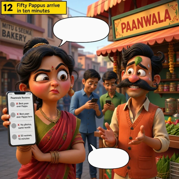Noisy Aunty questions fifty identical Pappu reviews on Paanwala's profile