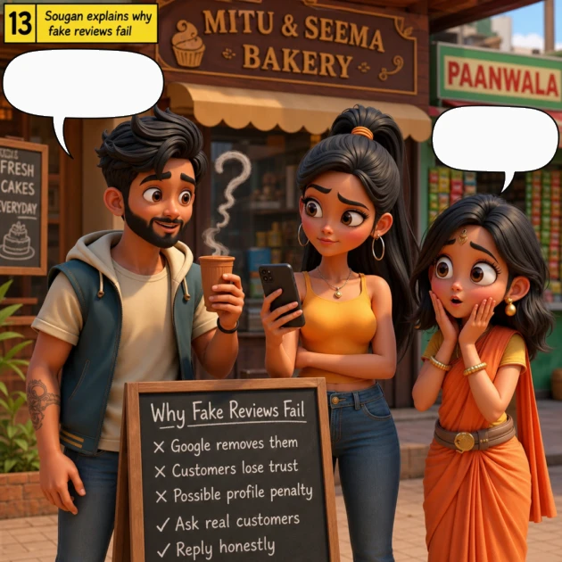 Sougan teaches Mitu and Seema why fake Google reviews fail, SEO comic story