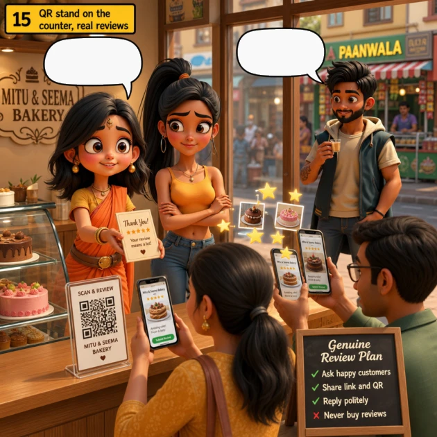 Mitu and Seema set up a QR review stand while customers scan, SEO comic story