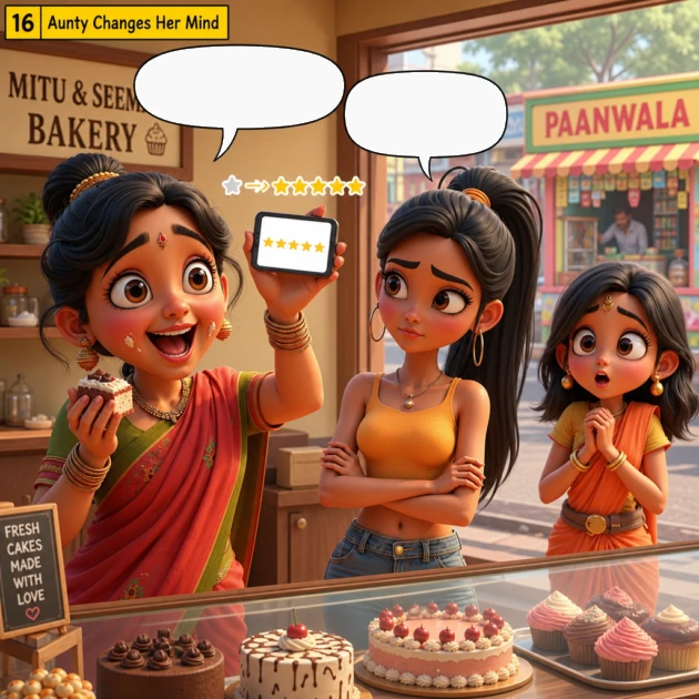 Noisy Aunty changes her review to 5 stars while Seema deadpans and Mitu peeks, in this SEO comic story.