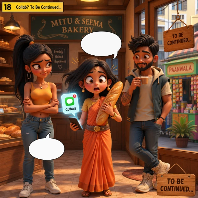 Mitu panics hugging a baguette over a Collab message while Seema and Sougan smile, in this SEO comic story.