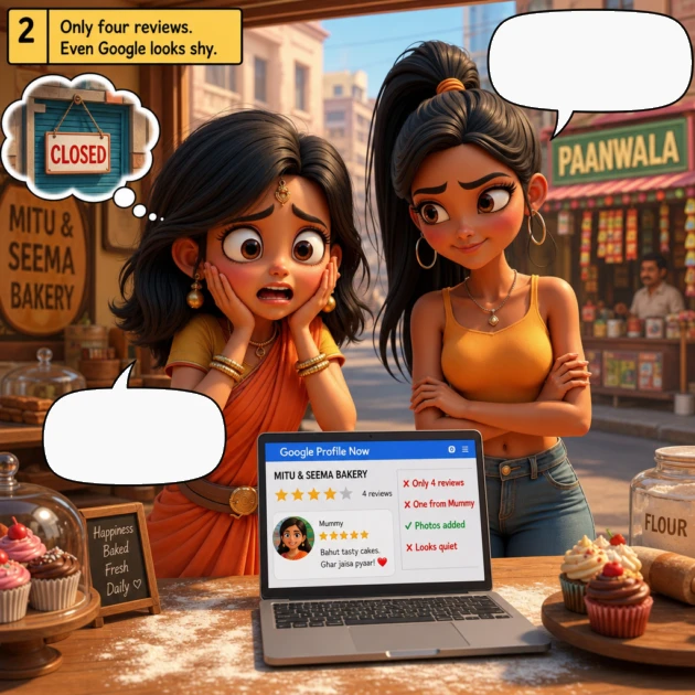 Seema and Mitu look at a Google Business Profile with only four reviews on a laptop