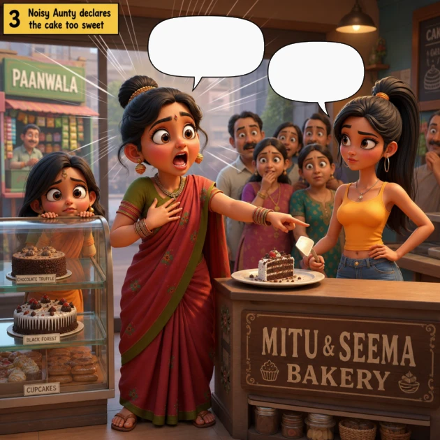Noisy Aunty loudly says the cake is too sweet while Mitu hides behind the display and Seema watches