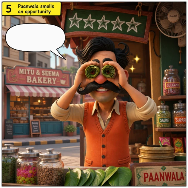 Paanwala spies on the bakery with paan-roll binoculars beside a hand-drawn five star sign in this SEO comic story
