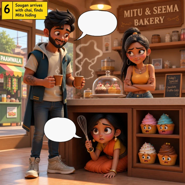 Sougan with chai finds Mitu under the counter as Seema smirks in this SEO comic story