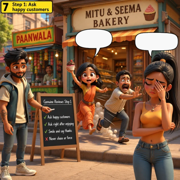 Mitu chases a customer with a cupcake while Seema coaches her and Sougan points to the board