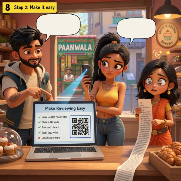 Sougan shows a QR code review link on a laptop while Seema asks a smart question and Mitu holds a long link