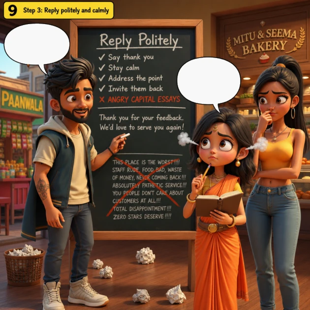 Sougan crosses out Mitu's angry reply on the chalkboard while Seema watches and they write a polite one