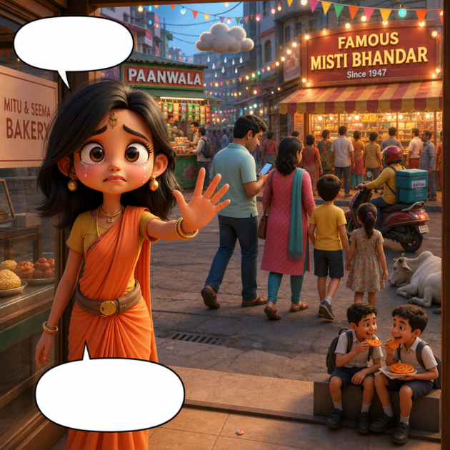 Mitu waves heartbroken as a Pujo family walks past her bakery in this SEO comic story.