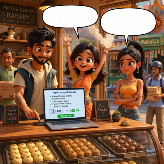 Sougan shrinks bakery photos with the Peplio Image Optimizer while Mitu cheers in this SEO comic story.