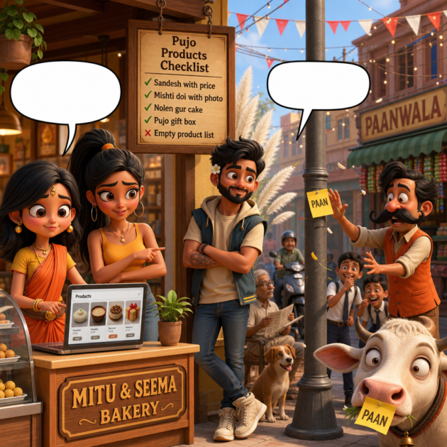 Mitu and Seema list Pujo sweets online while a cow eats Paanwala's PAAN sticky note in this SEO comic story