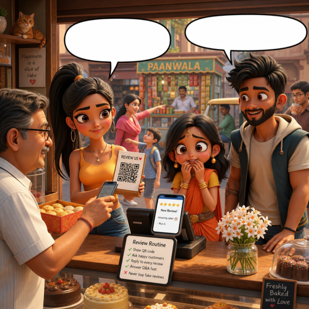 Seema shows a review QR code to a happy uncle while Mitu panics and Sougan laughs