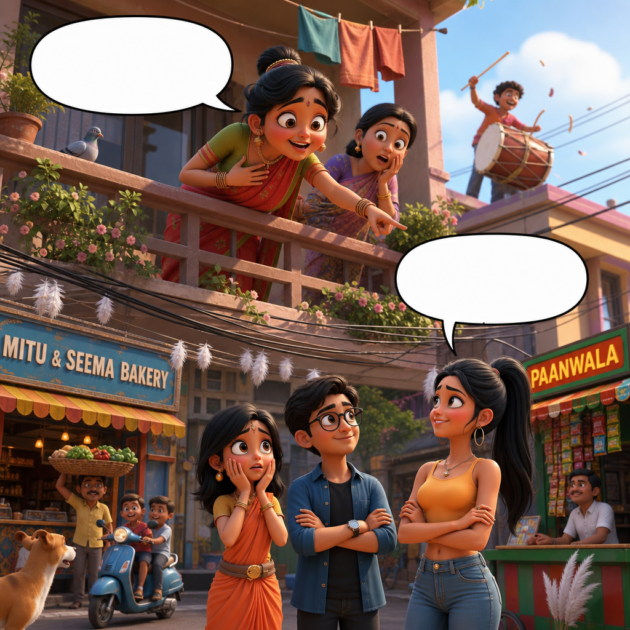 Noisy Aunty predicts failure from her balcony while a dhaak drummer hits a beat and Mitu worries