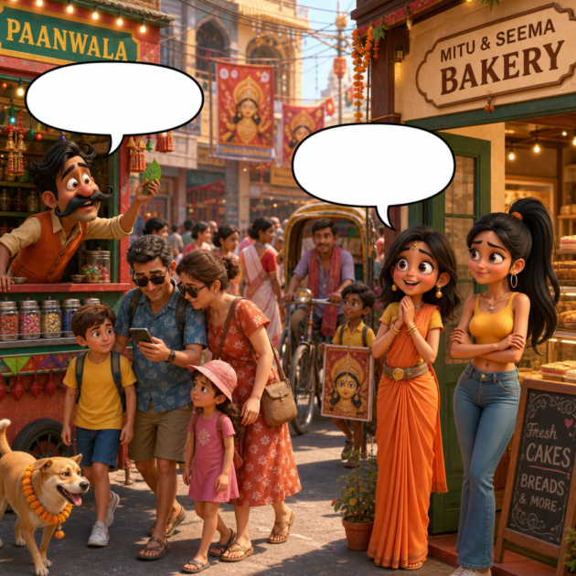 Tourist family follows the map past Paanwala into Mitu and Seema Bakery, a happy SEO comic story moment.