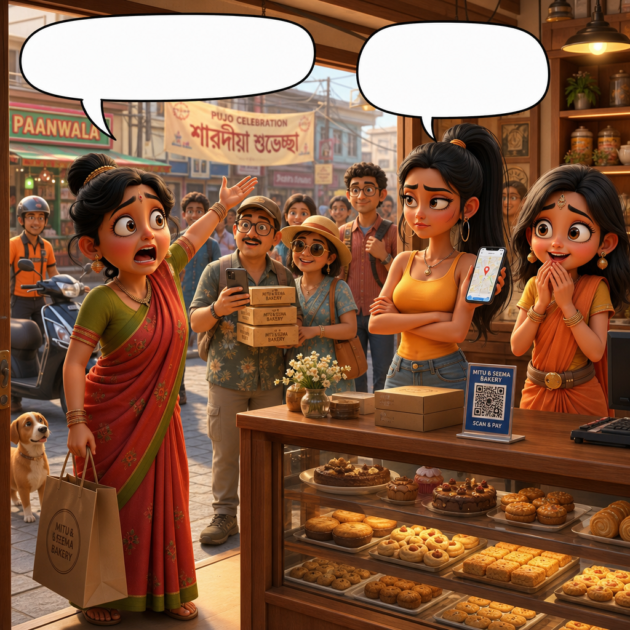 Noisy Aunty freezes at the bakery as Seema and Mitu smile while tourists buy sweets found online in this SEO comic story