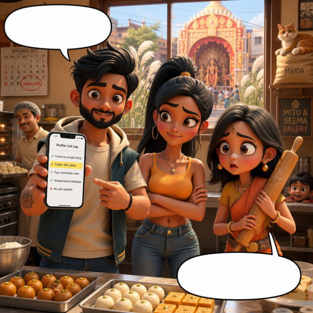 Sougan shows the call log to Seema and Mitu, who holds a rolling pin, in this Peplio SEO comic story