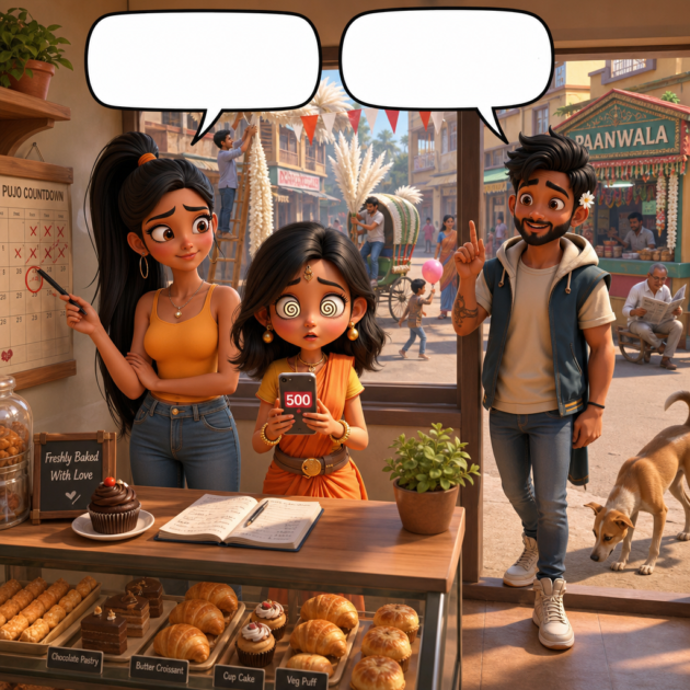 Sougan, Seema and Mitu at the bakery as Pujo nears, in this Peplio SEO comic story.