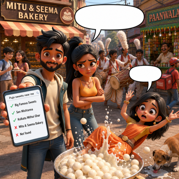 Mitu faints into rasgulla when the bakery is missing from search in this SEO comic story.