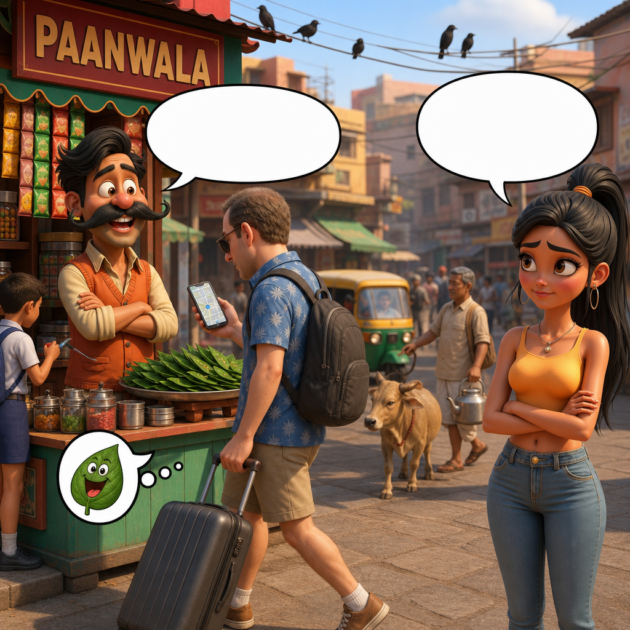 Paanwala boasts while a tourist ignores him, in this Peplio comic about local search.