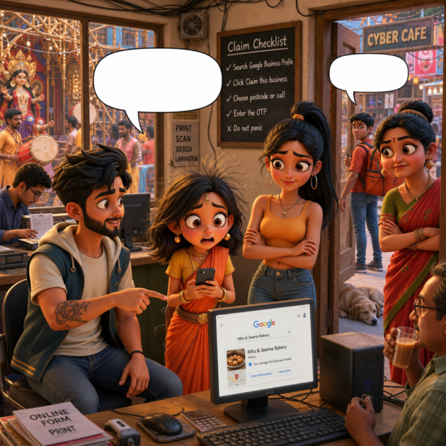 Sougan teaches Mitu and Seema to claim their Google profile in an SEO comic story while Noisy Aunty peeks in.