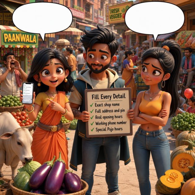 Mitu types silly opening hours as Seema and Sougan fill the Google profile in this SEO comic story.