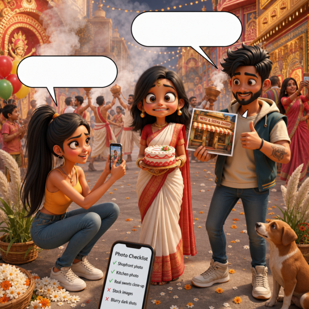 Mitu poses stiffly in a saree while Seema takes real shop photos near pandals in this SEO comic story.